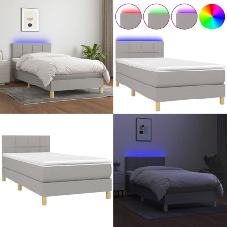 Cama box spring con colchón tela y LED gris claro 100x200 cm - Cama con muelles ensacados - Cama con tira LED