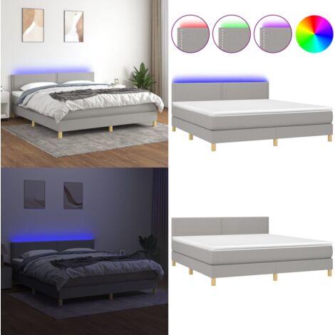 Cama box spring con colchón tela y LED gris claro 180x200 cm - Cama con cabecero ajustable - Cama con colchón de muelles ensacados