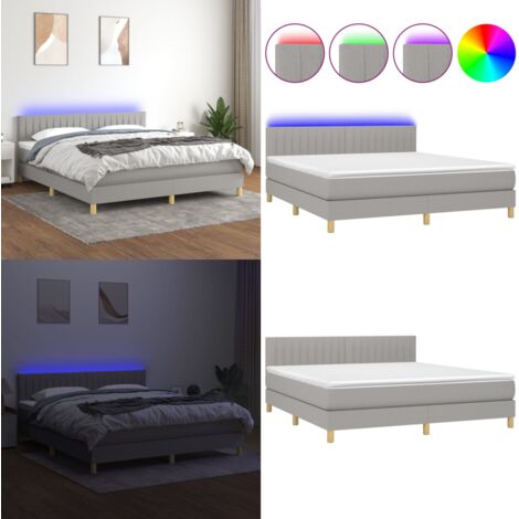 Cama box spring con colchón tela y LED gris claro 180x200 cm - Cama con cabecero ajustable - Cama con colchón de muelles ensacados