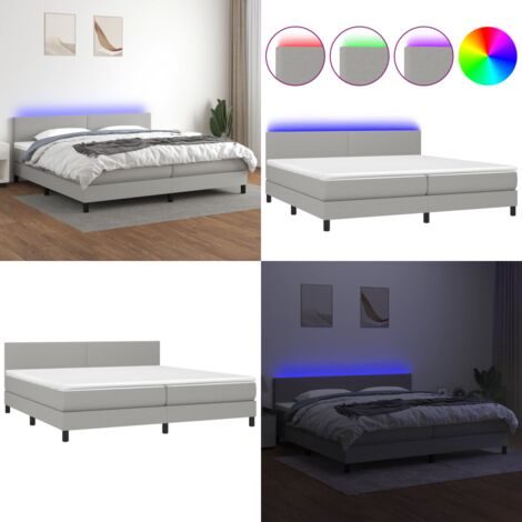 Cama box spring con colchón tela y LED gris claro 200x200 cm - Colchón con LED - Cama con luz LED