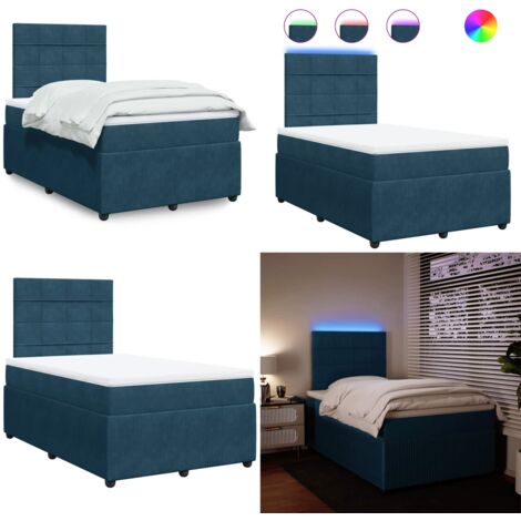 Cama box spring con colchón terciopelo azul 120x200 cm - Cama de muelles ensacados - Cama con luz LED