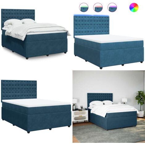 Cama box spring con colchón terciopelo azul 140x190 cm - Colchón de muelles ensacados - Cama con luz LED
