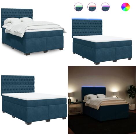 Cama box spring con colchón terciopelo azul 140x200 cm - Cama de muelles ensacados - Cama con luz LED