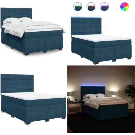 Cama box spring con colchón terciopelo azul 140x200 cm - Cama de muelles ensacados - Cama con luz LED