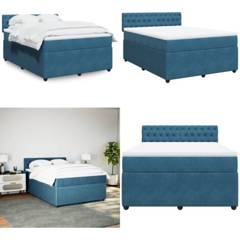Cama box spring con colchón terciopelo azul 140x200 cm - Colchón de muelles ensacados - Cama con cabecero