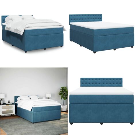 Cama box spring con colchón terciopelo azul 140x200 cm - Colchón de muelles ensacados - Cama con cabecero
