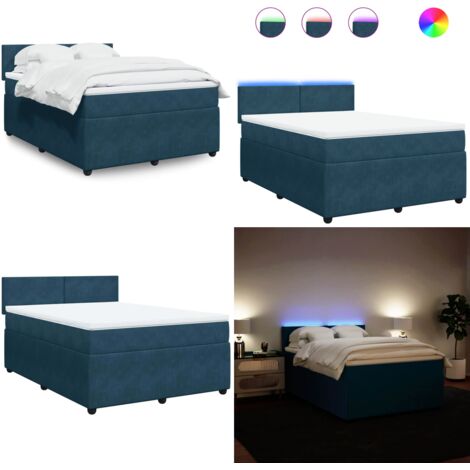 Cama box spring con colchón terciopelo azul 140x200 cm - Colchón de muelles ensacados - Cama con luces LED