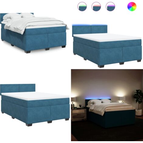 Cama box spring con colchón terciopelo azul 140x200 cm - Colchón de muelles ensacados - Cama con luz LED
