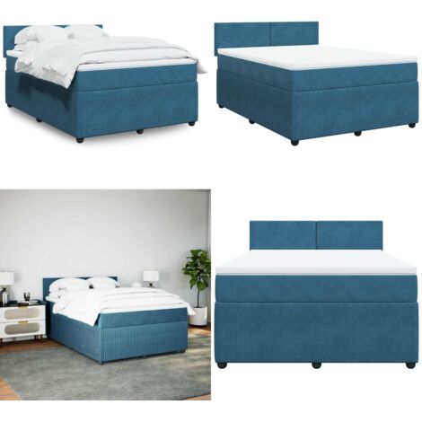 Cama box spring con colchón terciopelo azul 140x200 cm - Colchón de muelles ensacados - Soporte de cama