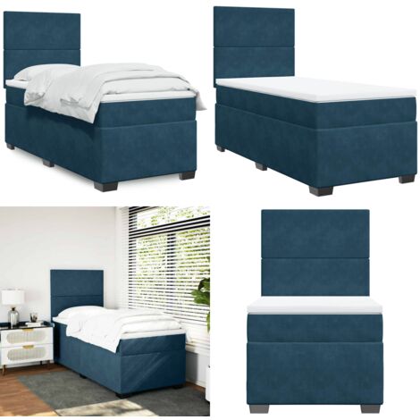 Cama box spring con colchón terciopelo azul 90x190 cm - Colchón de muelles - Cama con cabecero