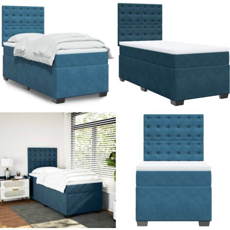 Cama box spring con colchón terciopelo azul 90x190 cm - Colchón de muelles - Cama de muelles ensacados