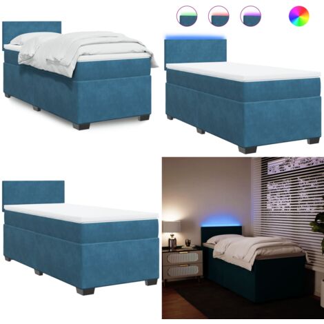Cama box spring con colchón terciopelo azul 90x190 cm - Colchón de muelles ensacados - Cama con luces LED