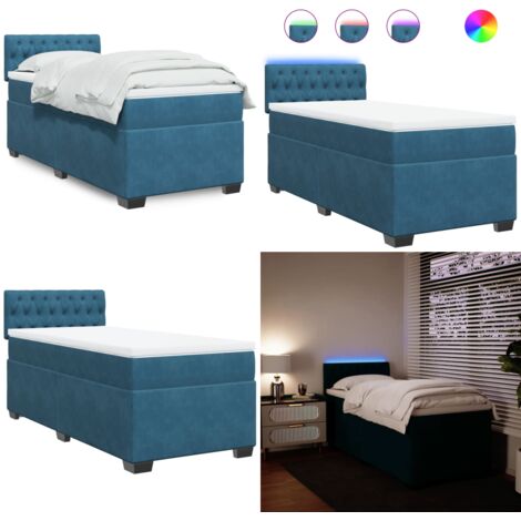 Cama box spring con colchón terciopelo azul 90x190 cm - Colchón de muelles ensacados - Cama con luces LED