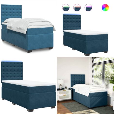 Cama box spring con colchón terciopelo azul 90x190 cm - Colchón de muelles ensacados - Cama con luz LED