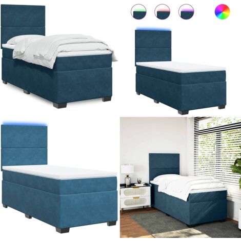 Cama box spring con colchón terciopelo azul 90x190 cm - Colchón de muelles ensacados - Cama con luz LED