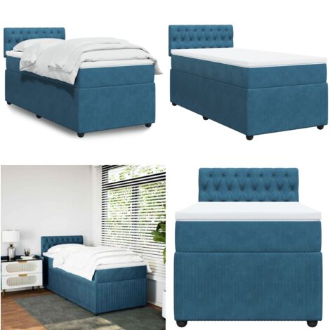 Cama box spring con colchón terciopelo azul 90x200 cm - Colchón de muelles ensacados - Cama de muelles