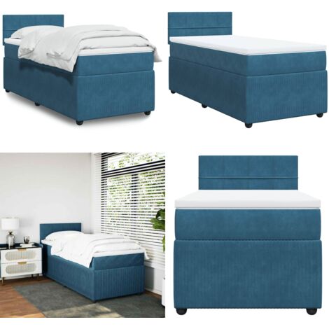 Cama box spring con colchón terciopelo azul 90x200 cm - Colchón de muelles ensacados - Cama de muelles