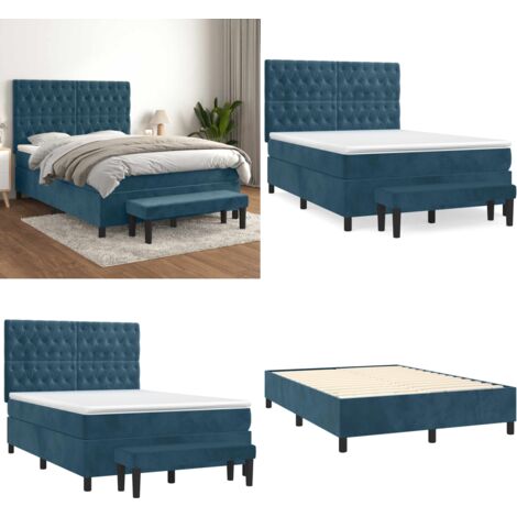 Cama box spring con colchón terciopelo azul oscuro 140x190 cm - Colchón de muelles - Cama con cabecero ajustable