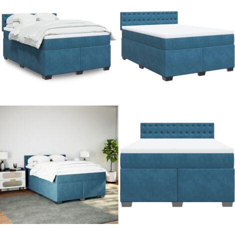 Cama box spring con colchón terciopelo azul oscuro 140x200 cm - Colchón de muelles ensacados - Cama con cabecero