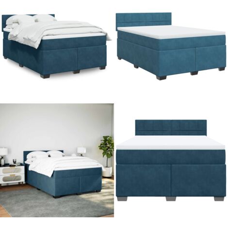 Cama box spring con colchón terciopelo azul oscuro 140x200 cm - Colchón de muelles ensacados - Cama con cabecero