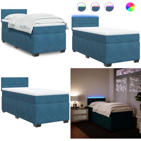 Cama box spring con colchón terciopelo azul oscuro 80x200 cm - Colchón de muelles ensacados - Cama con luz LED