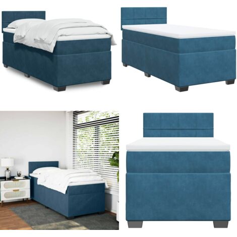 Cama box spring con colchón terciopelo azul oscuro 80x200 cm - Colchón de muelles ensacados - Terciopelo