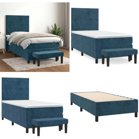 Cama box spring con colchón terciopelo azul oscuro 90x190 cm - Colchón de muelles - Cama de muelles
