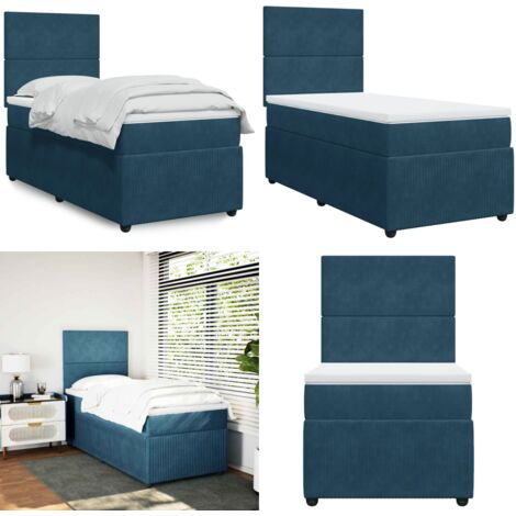 Cama box spring con colchón terciopelo azul oscuro 90x200 cm - Colchón de muelles - Cama con cabecero