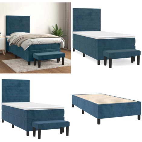 Cama box spring con colchón terciopelo azul oscuro 90x200 cm - Colchón de muelles - Cama con cabecero ajustable