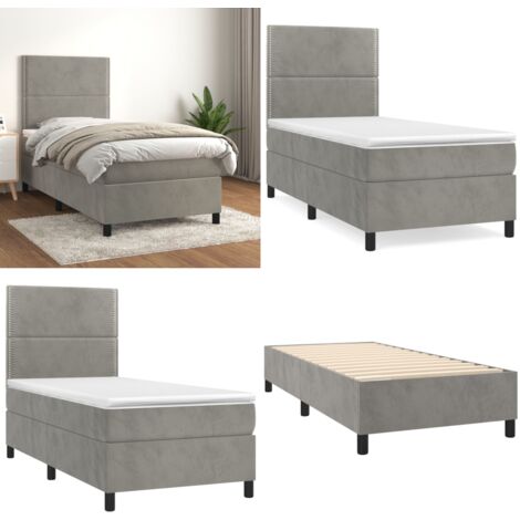 Cama box spring con colchón terciopelo gris claro 100x200 cm - Colchón de muelles - Cama de muelles