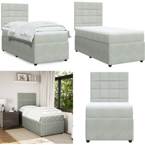 Cama box spring con colchón terciopelo gris claro 100x200 cm - Colchón de muelles - Cama de muelles ensacados