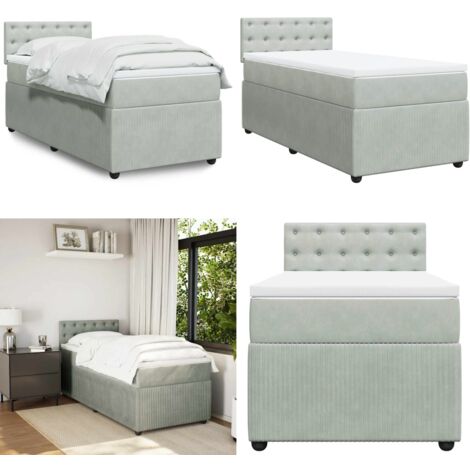 Cama box spring con colchón terciopelo gris claro 100x200 cm - Colchón de muelles ensacados - Cama de muelles