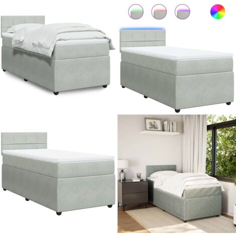 Cama box spring con colchón terciopelo gris claro 100x200 cm - Colchón ensacado - Cama con luz LED