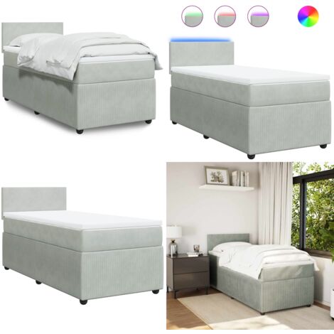 Cama box spring con colchón terciopelo gris claro 100x200 cm - Colchón ensacado - Cama con luz LED
