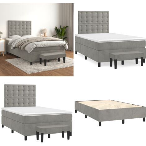 Cama box spring con colchón terciopelo gris claro 120x200 cm - Colchón de muelles - Cama con cabecero ajustable