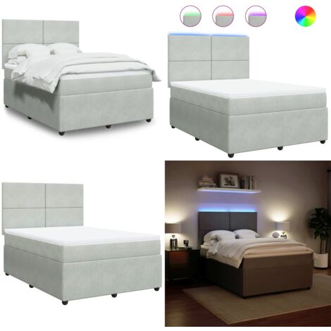 Cama box spring con colchón terciopelo gris claro 140x190 cm - Cama de muelles ensacados - Cama con luz LED
