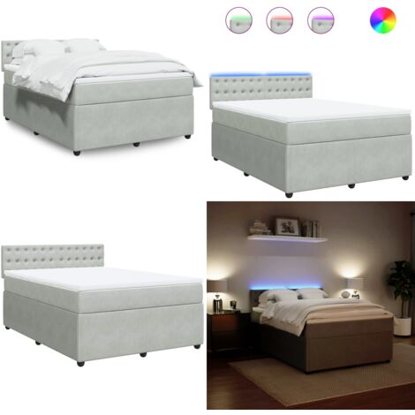 Cama box spring con colchón terciopelo gris claro 140x190 cm - Cama de muelles ensacados - Cama con luz LED