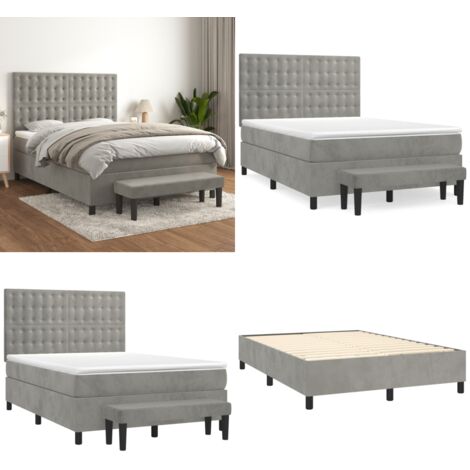 Cama box spring con colchón terciopelo gris claro 140x190 cm - Colchón de muelles - Cama de muelles