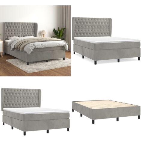 Cama box spring con colchón terciopelo gris claro 140x190 cm - Colchón de muelles - Cama de muelles