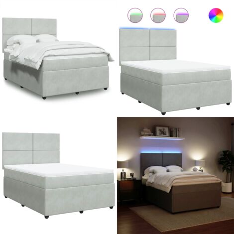 Cama box spring con colchón terciopelo gris claro 140x200 cm - Cama de muelles ensacados - Cama con luz LED