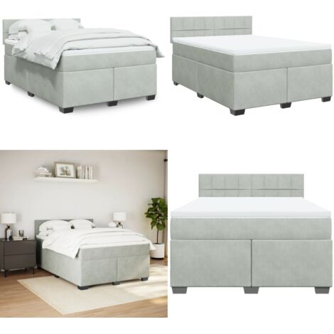 Cama box spring con colchón terciopelo gris claro 140x200 cm - Colchón de muelles ensacados - Cama box spring