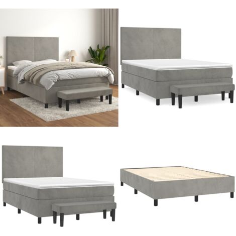 Cama box spring con colchón terciopelo gris claro 140x200 cm - Colchón de muelles - Terciopelo
