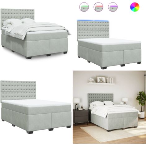 Cama box spring con colchón terciopelo gris claro 160x200 cm - Cama de muelles ensacados - Cama con luz LED