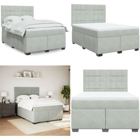 Cama box spring con colchón terciopelo gris claro 160x200 cm - Colchón de muelles ensacados - Cama box spring