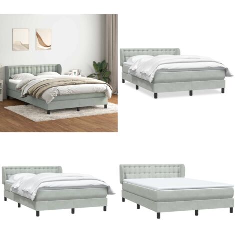 Cama box spring con colchón terciopelo gris claro 160x210 cm - Colchón de muelles ensacados - Cama con cabecero ajustable