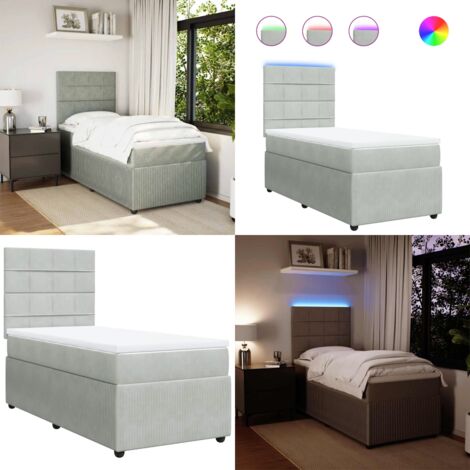 Cama box spring con colchón terciopelo gris claro 80x200 cm - Cama de muelles ensacados - Colchón de muelles