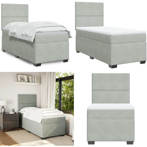 Cama box spring con colchón terciopelo gris claro 80x200 cm - Colchón de muelles - Cama de muelles ensacados