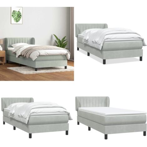 Cama box spring con colchón terciopelo gris claro 80x210 cm - Colchón de muelles ensacados - Cama con cabecero