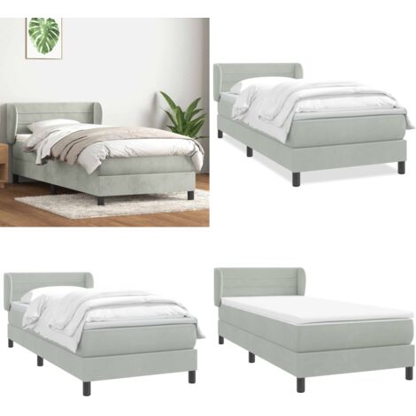 Cama box spring con colchón terciopelo gris claro 80x210 cm - Colchón de muelles ensacados - Cama con cabecero