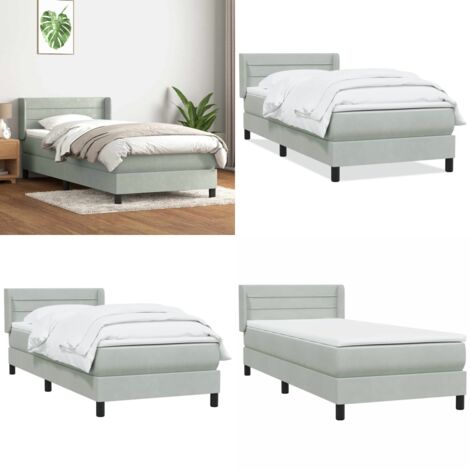 Cama box spring con colchón terciopelo gris claro 80x210 cm - Colchón de muelles ensacados - Cama con cabecero